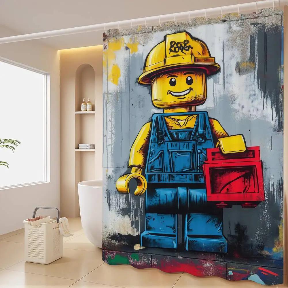 Cartoon Abstract Fun Various Occupations L-Legos Shower Curtain, Bathroom Decorative Shower Curtain, Waterproof Shower With Hook