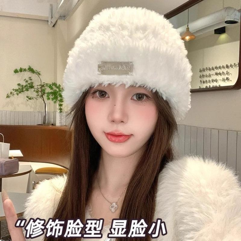 Plush Hat Women's Autumn and Winter New Thickened Warm Wool Hat Big Head Circumference Shows Small Face Versatile Knitted Hat