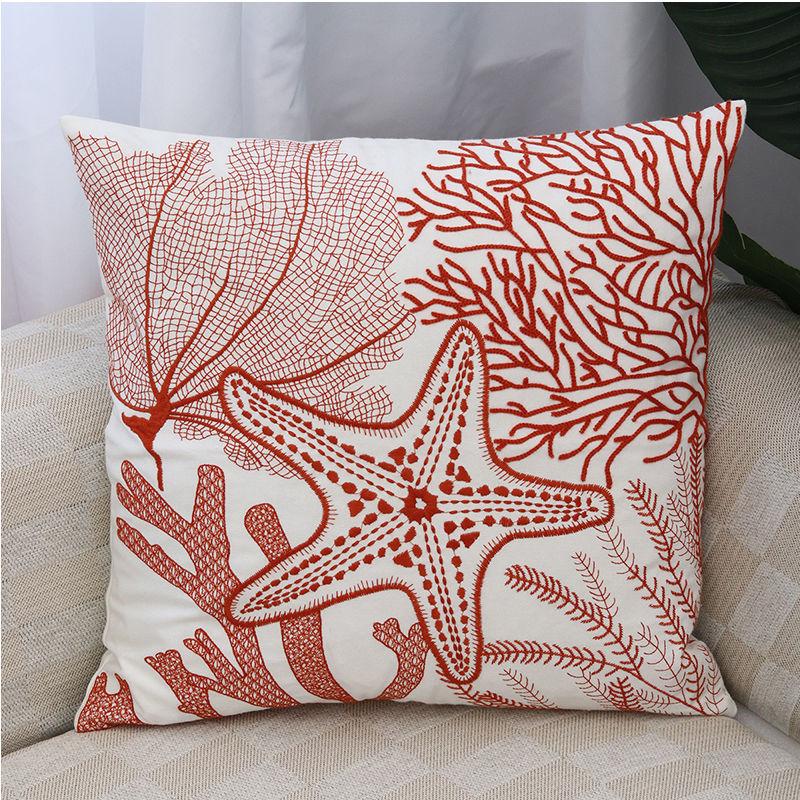 Monika Chen Unisex Coral Beach Sea Starfish Leaves Embroidered Pillowcase Back Cushion Cover Casual Cotton Case Sofa Bedroom Decro 45X45cm