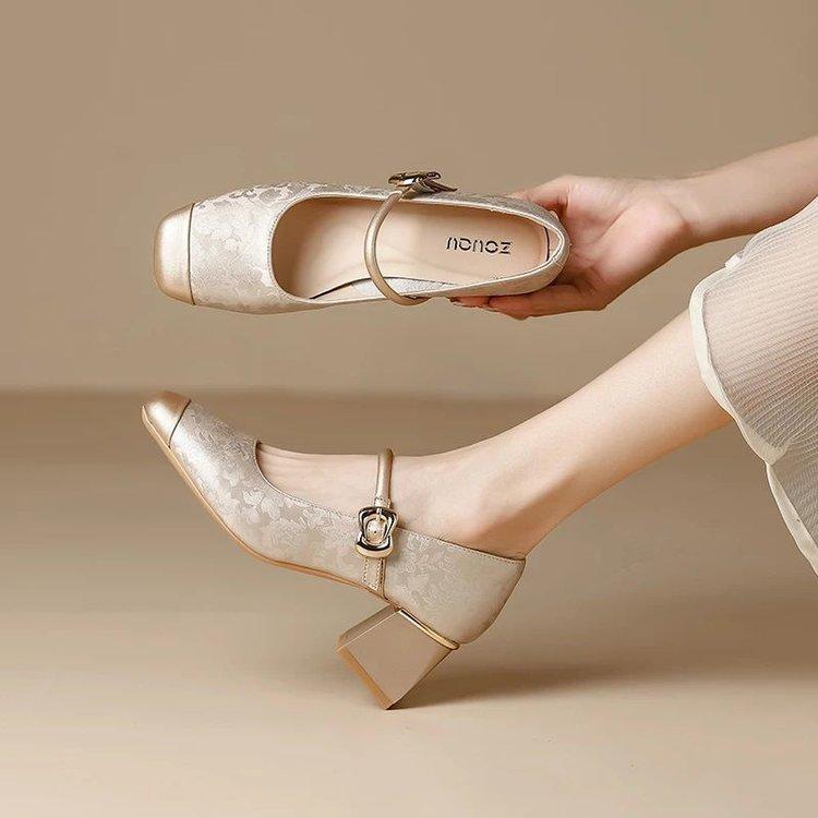 Guofeng New Chinese Single Shoes Women's 2025 Autumn New Soft-soled Thick Heel Square Head Word with Versatile Mary Jane Single Shoes