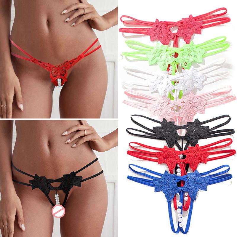 Women Sexy Lace Panties Thongs Pearl Pendant Lace Embroidery G-String T-Back Briefs Underwear Adjustable Ladies Panties Lingerie