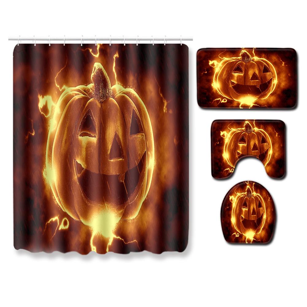 Halloween Shower Curtain Floor Mat Combination Four-Piece Set Bathroom Toilet Carpet Shower Room Mat Foot Mat