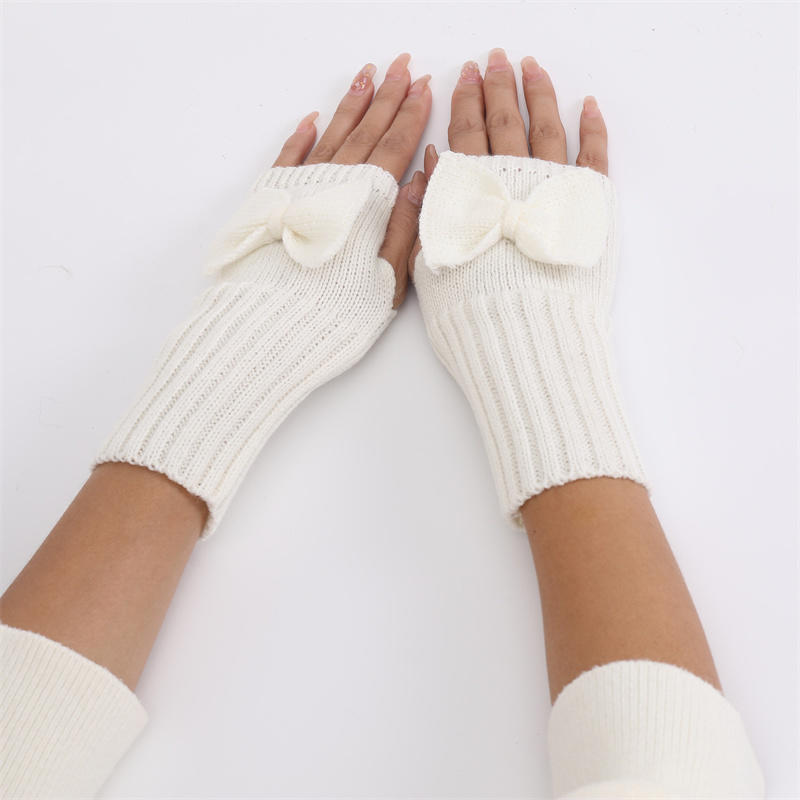 Women Short Bow Cable Knitted Warm Fingerless Gloves Outdoor Stretchy Arm Warmers Office Typing Wrist Gloves