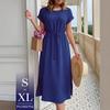women's crinkle textured round neck drawstring waist short sleeve side split midi sundress summer casual beach dress