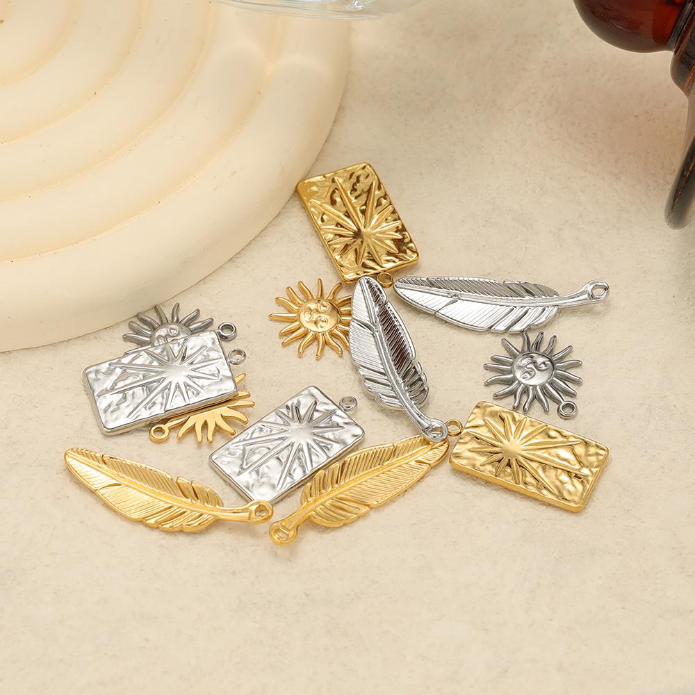 5Pcs Feather Tag Sun Flower Charms Gold Color Stainless Steel Pendants Necklace Earrings Making for DIYJewelry Findings Bulk