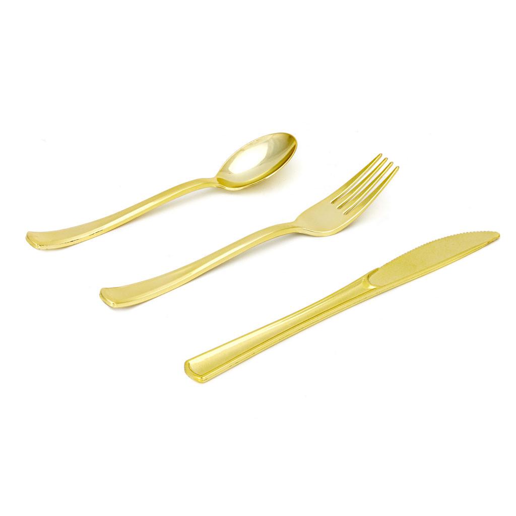 Einweg Gold Farbe Kunststoff Geschirr Besteck Löffel Gabel Set 25PC Heiße Party