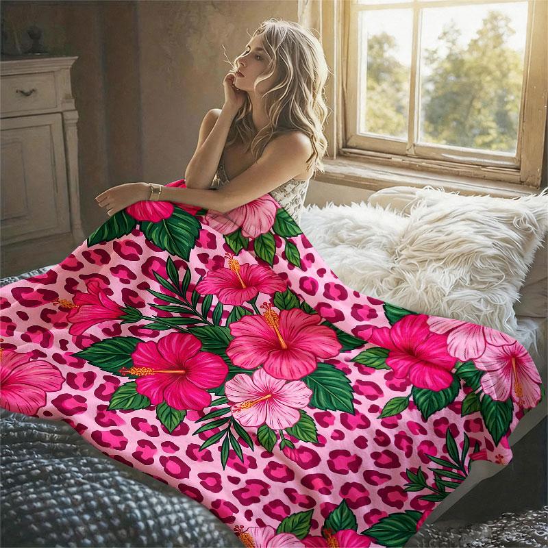 Pink Leopard Hibiscus Flower Flannel Blanket Warm Soft Halloween Christmas Decorative Couch Warm Cozy All-Season Gift