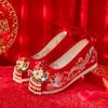 Women's Red Embroidered Wedding Shoes Increased Internal Wedges Shallow Ankle Strap String Bead Tassel Ethnic Style Hanfu Shoes