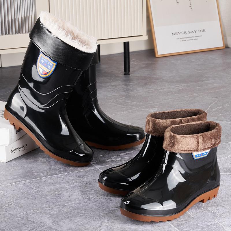 Men's Round Head Medium Tube Rain Boots Slope Heel Non-slip Low Heel Water Shoes Thickened Rain Shoes Men's Comfortable Construction Site Boots