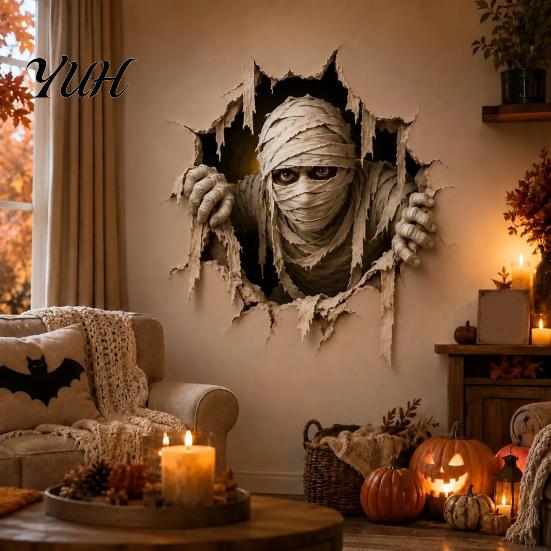 Removable Wall Murals for Bedroom Halloween Break-in 3D Decals, Illusion Effect Spooky Breaking Through Scary Stickers Holidays Sticker, Horror Ghost