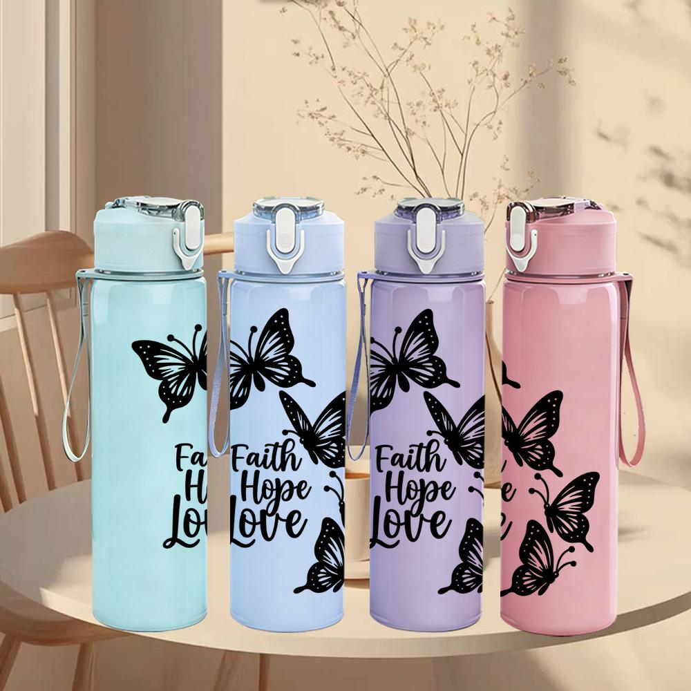 1PC Faith Hope Love Butterfly Art 750ml Color Plastic Sports Water Bottle Leakproof Flip Straw Lid Suitable for Sports Office Home Use