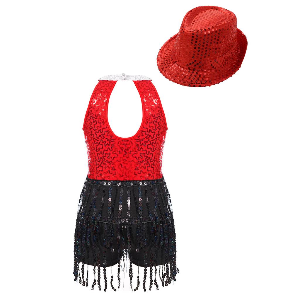 Mädchen Pailletten Jumpsuit Tanzset Ärmellos Rundhals Schlüsselloch Rücken mit Hut Jazz Performance Wettbewerbsoutfit