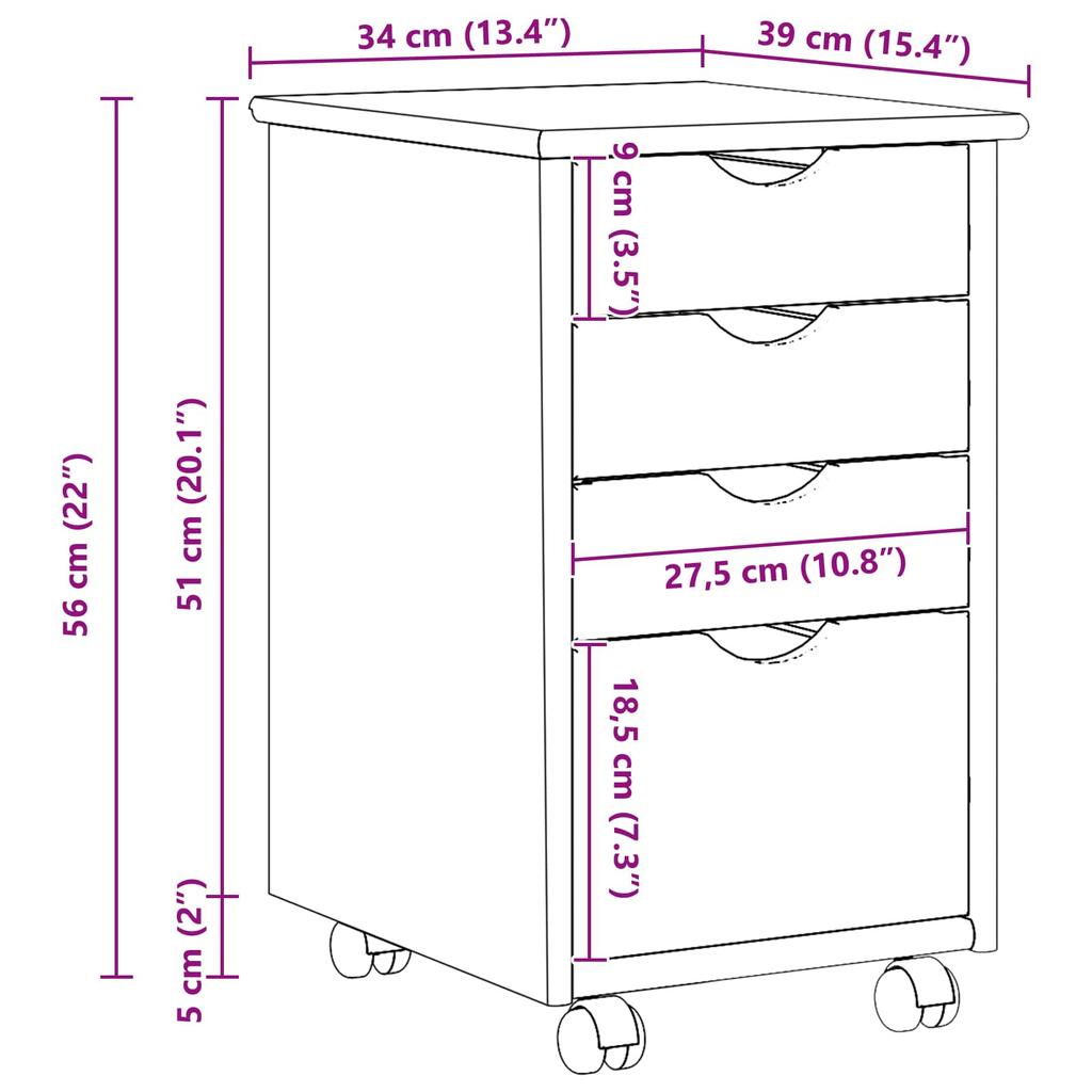 Mobile Storage Cabinet in Brown 34 x 39 x 56 cm Solid Pine Wood