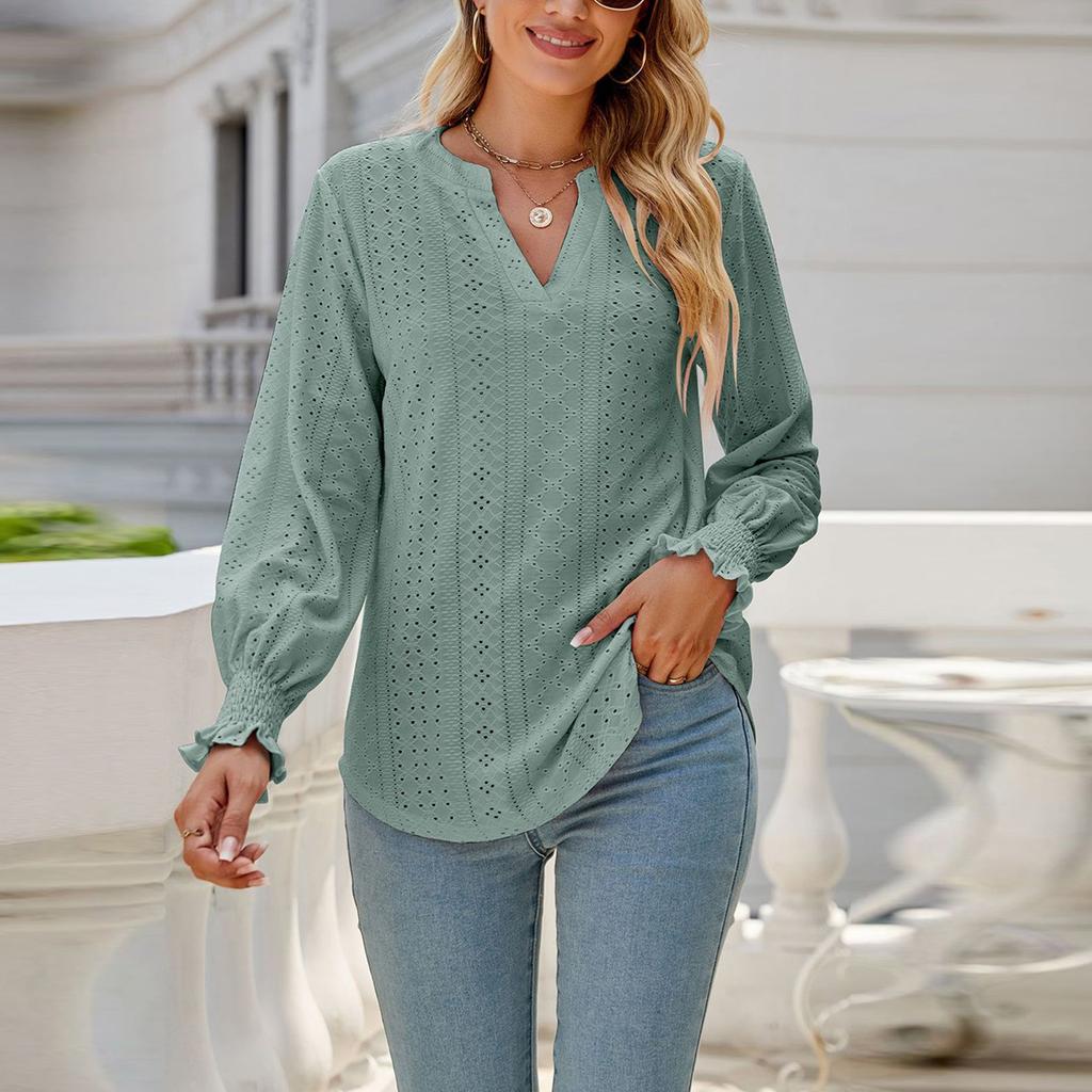 Women's Fashion Color Cut-out And Pleated Leaf Sleeve V Neck Loose Sleeve Top