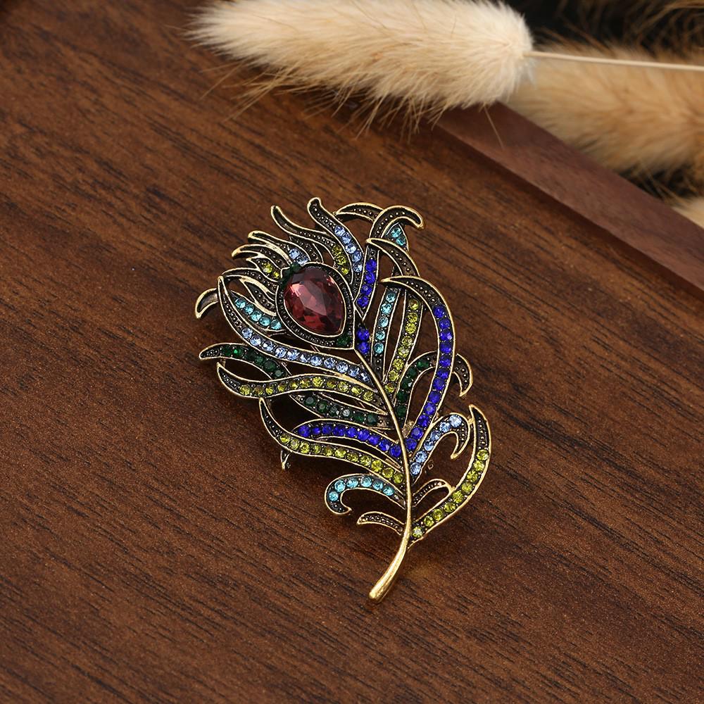 European Retro Peacock Feather Brooch with Zircon Inlay for Suits and Coats