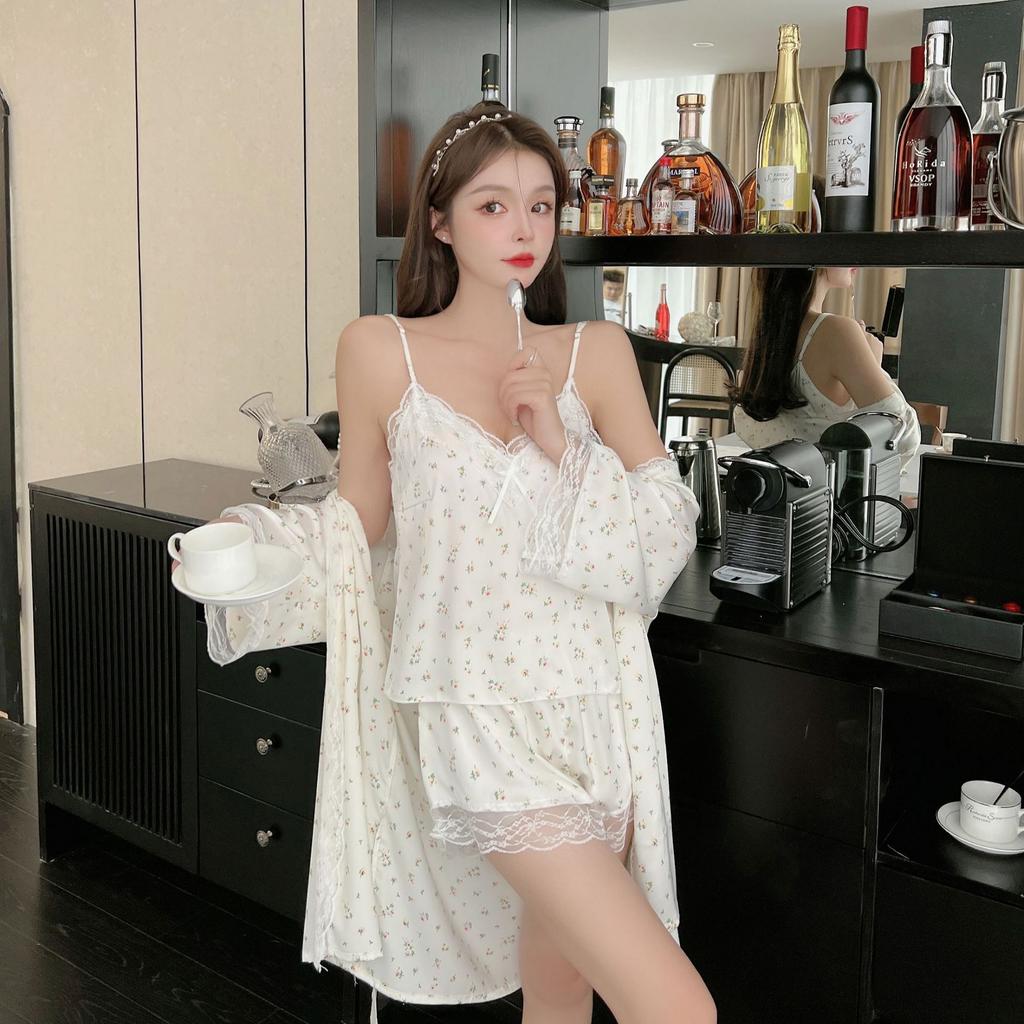 Floral pajamas women's summer thin ice silk sexy suspender shorts Internet celebrity loungewear suit available