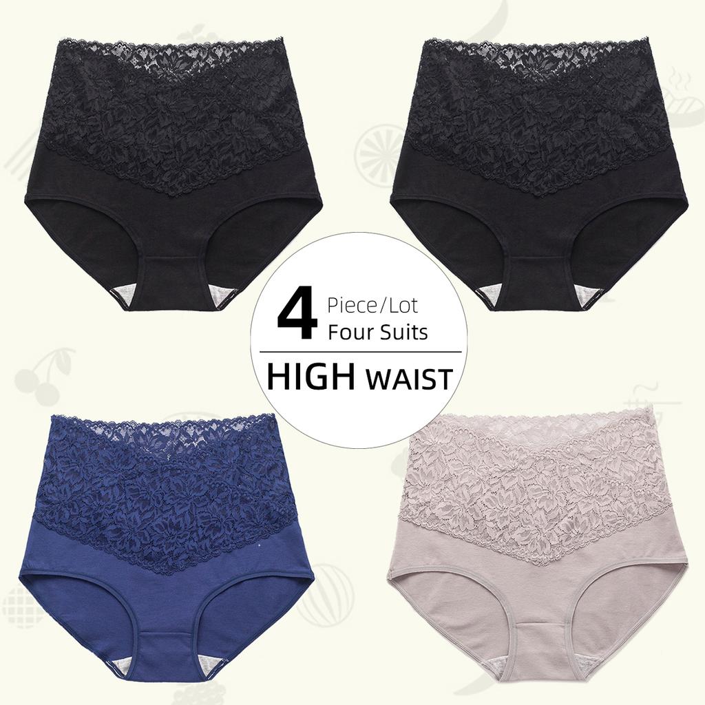 Women High-waist Lace Panties Pure Cotton Crotch Panty Briefs Front and Back Leak-proof Underwear Women‘s Underpants