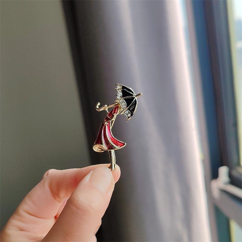 Girl In Red Romantic Brooch Walking In The Rain Versatile Pin Brooch Cardigan Coat Brooch Collar Pin Gift Accessories