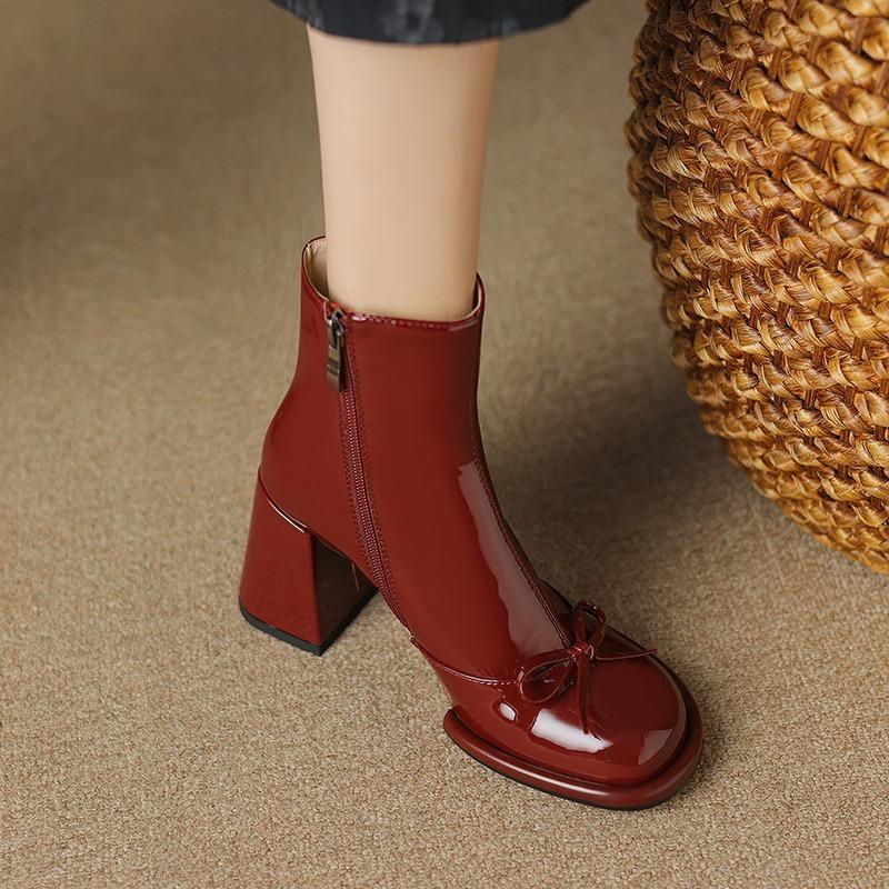 Block Heel Single Boots Fashion Round Toe Side Zipper Anti-Slip Wear-Resistant Block Heel Short Shoes