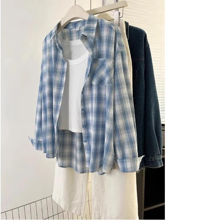 Blue Plaid Long Sleeve Loose Fit Lightweight Women s Shirt Spring Summer Sun Protection Outerwear Polyester Material S
