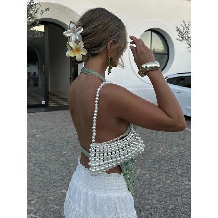 Women's Sexy Backless Sequin Top Deep V-neck Draped Summer Beach Vacation T Shirt Ladies Mesh Embroidery Ins Hot Tanks