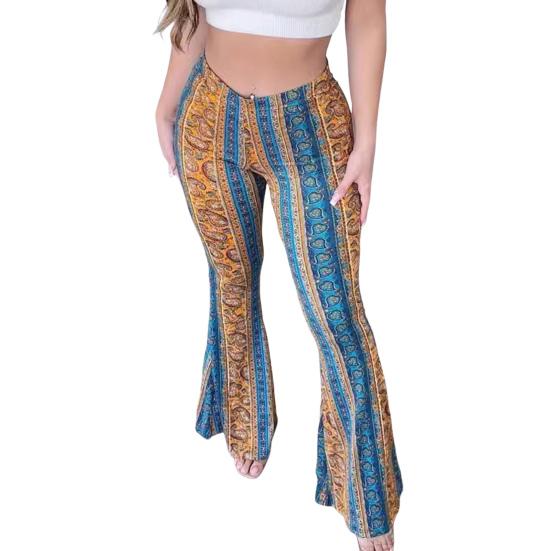 Floral Print Long Flared Pants Retro High Elastic Sexy Casual Trousers Streetwear