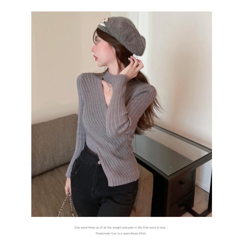 Sexy Fashion Cross V-neck Knitted Bottoming Shirt Women's Pullover Slim Fit Casual Sweater Autumn Winter Turtleneck Inner Top Solid Simple Clothing