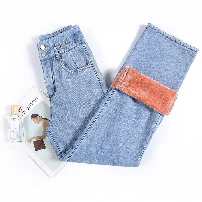 Winter Women High Waist Thickening Warm Straight Jeans Simple Fleece Warm Slim Fit Stretch Ladies Casual Denim Wide leg trousers