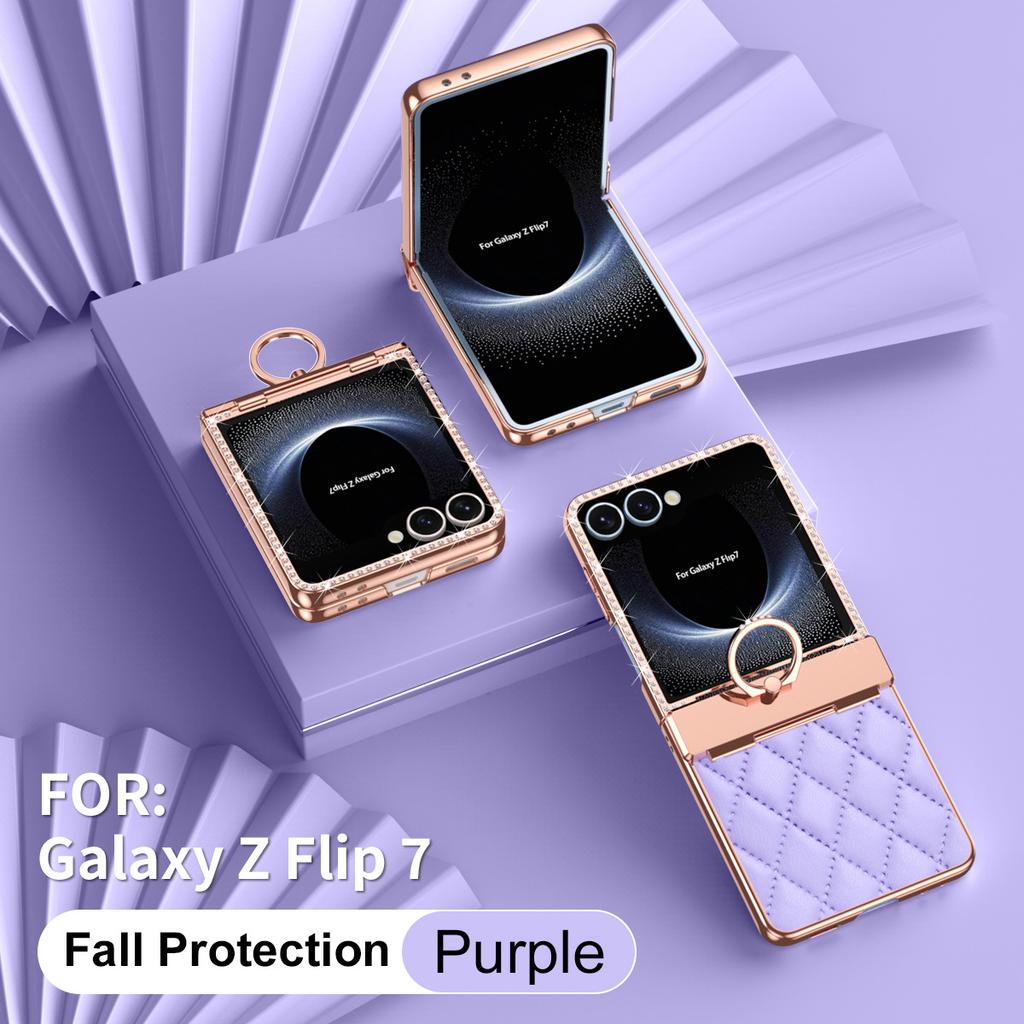 Capa de Celular de Couro Luxuosa com Diamantes para Samsung Galaxy Z Flip 7 6 5 4 3 Flip7 FE com Proteção da Dobradiça e Suporte de Anel Mulher Menina