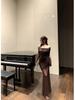 Women's Off-Shoulder Mesh Patchwork Pleated Dress - Slim Fit Waist-Cinching Long Skirt, Sexy Spring Style 