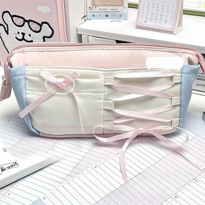 1 Pc Kawaii Bellet Style Pencil Case for Kids Girl Sweet Korean Bow Ribbon Stationery Holder Large Capacity Student Peencil Bag