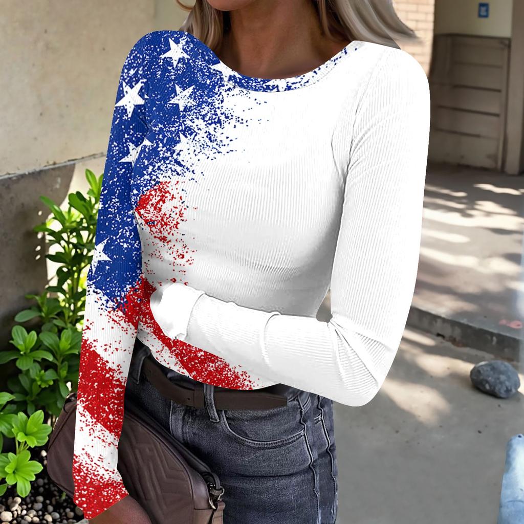 Women's Casual Long Sleeve Ribbed Top Crew Neck Lightweight Knit Shirt with Star Pattern Print for Everyday Wear