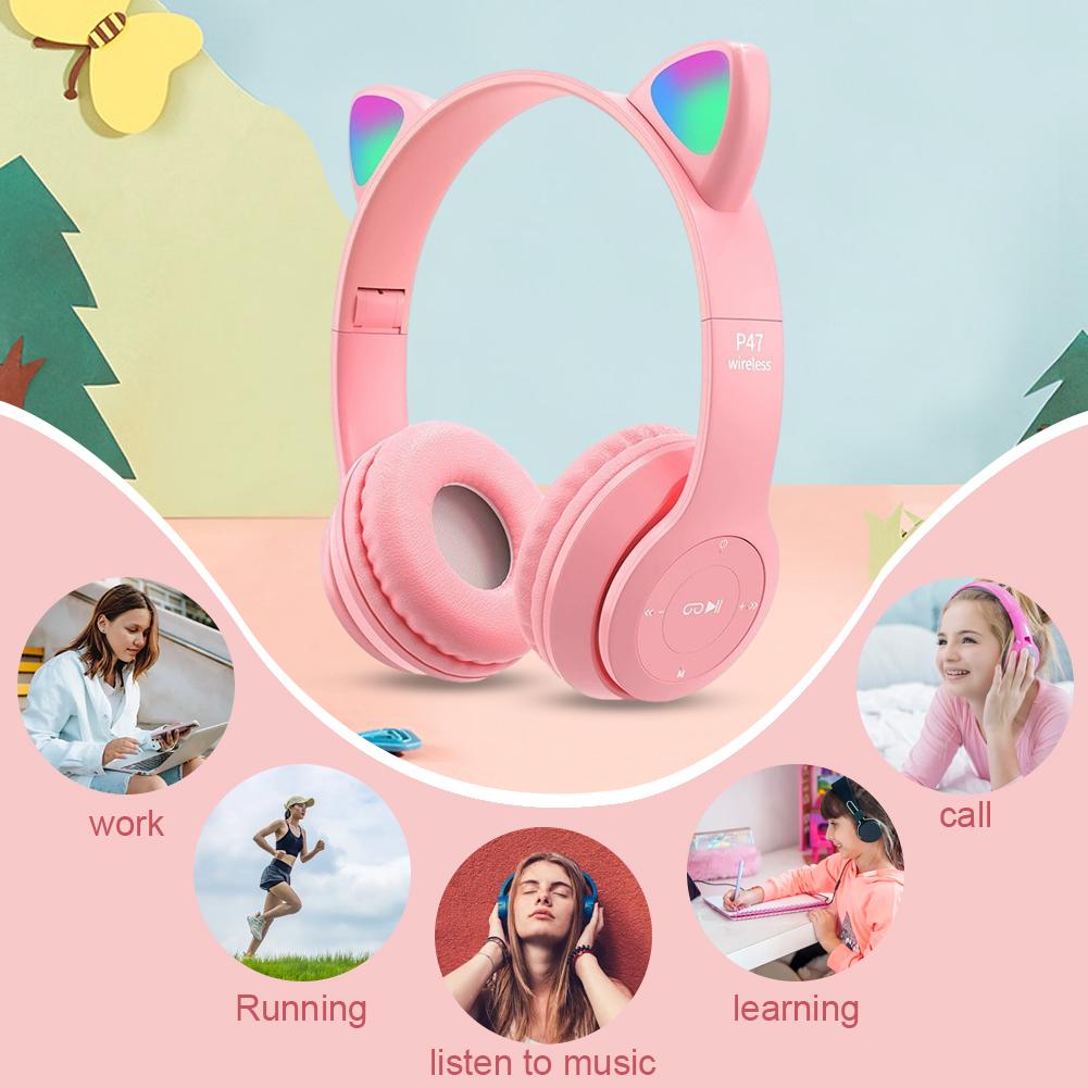 Flash Light Kids Children Headphone Voice Control Bluetooth-Compatible Pink Little Girl Earphone Gift Cartoon Phone Headset Gift