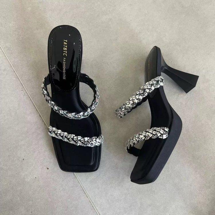 

Серебристые квадратные мюли на высоком каблуке со стразами, женские летние водонепроницаемые универсальные полушлепанцы на толстом каблуке 34 чёрный
