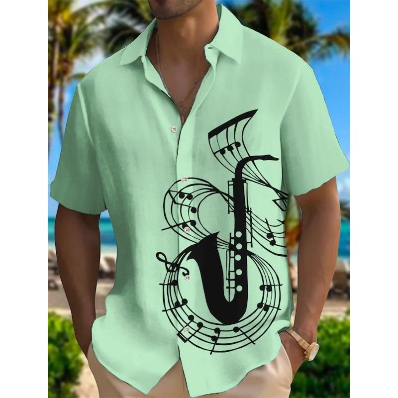 New Beach Men's Short Sleeved Music Print Polo Collar Button Shirt Outdoor Leisure Fashion Street Men's High Quality Top