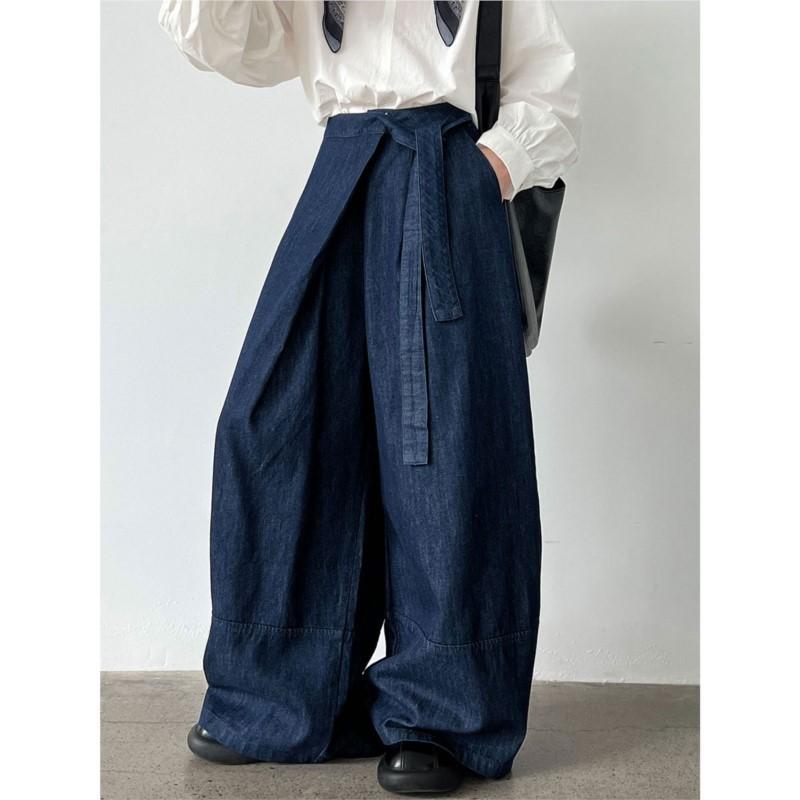 Johnature Vintage Strappy High-waisted Jeans Women Fall Commuter Casual Long Wide-leg Fashion Pants