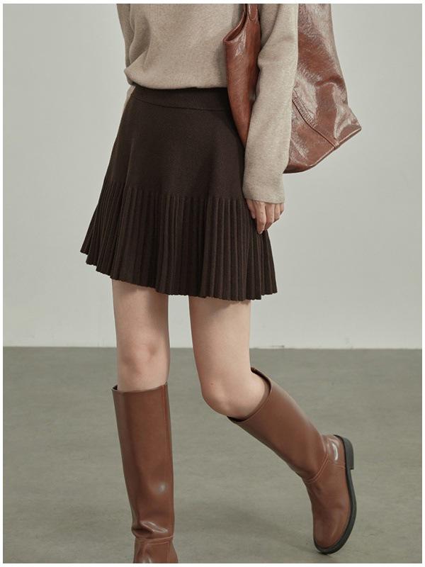 Melanoid Brown High-Waist Pleated Knit Skirt for Women - A-line, Slimming, and Perfect for Spring & Autumn