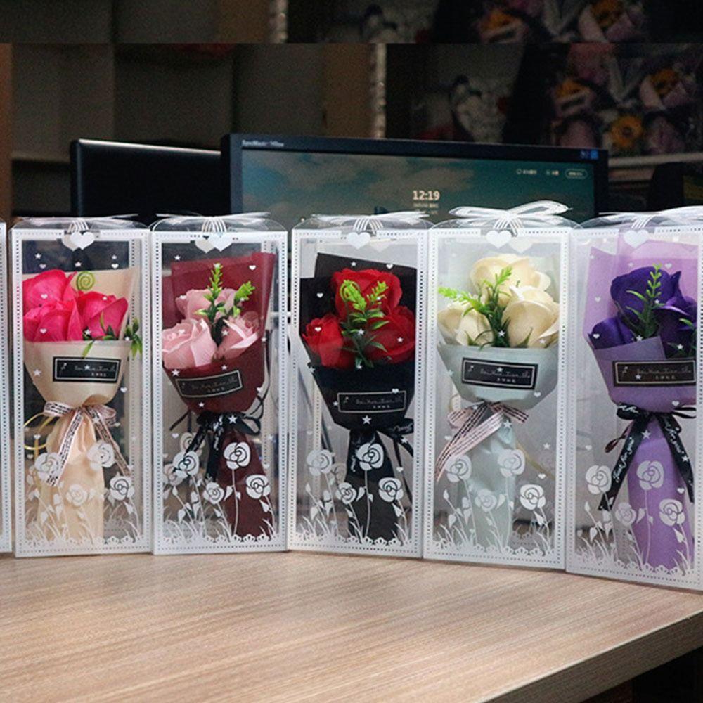 with box 3 Head Artificial Roses Hand Holding Fake Flowers Fashion Soap Flower