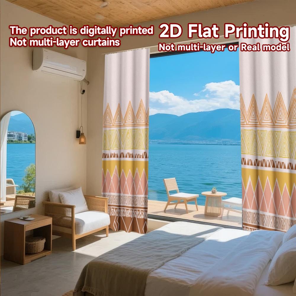 Set Of 2 Boho Flat Printing Curtains Without Rod Geometric Pattern Design New Year Festival Fashion Versatile Curtain Polyester