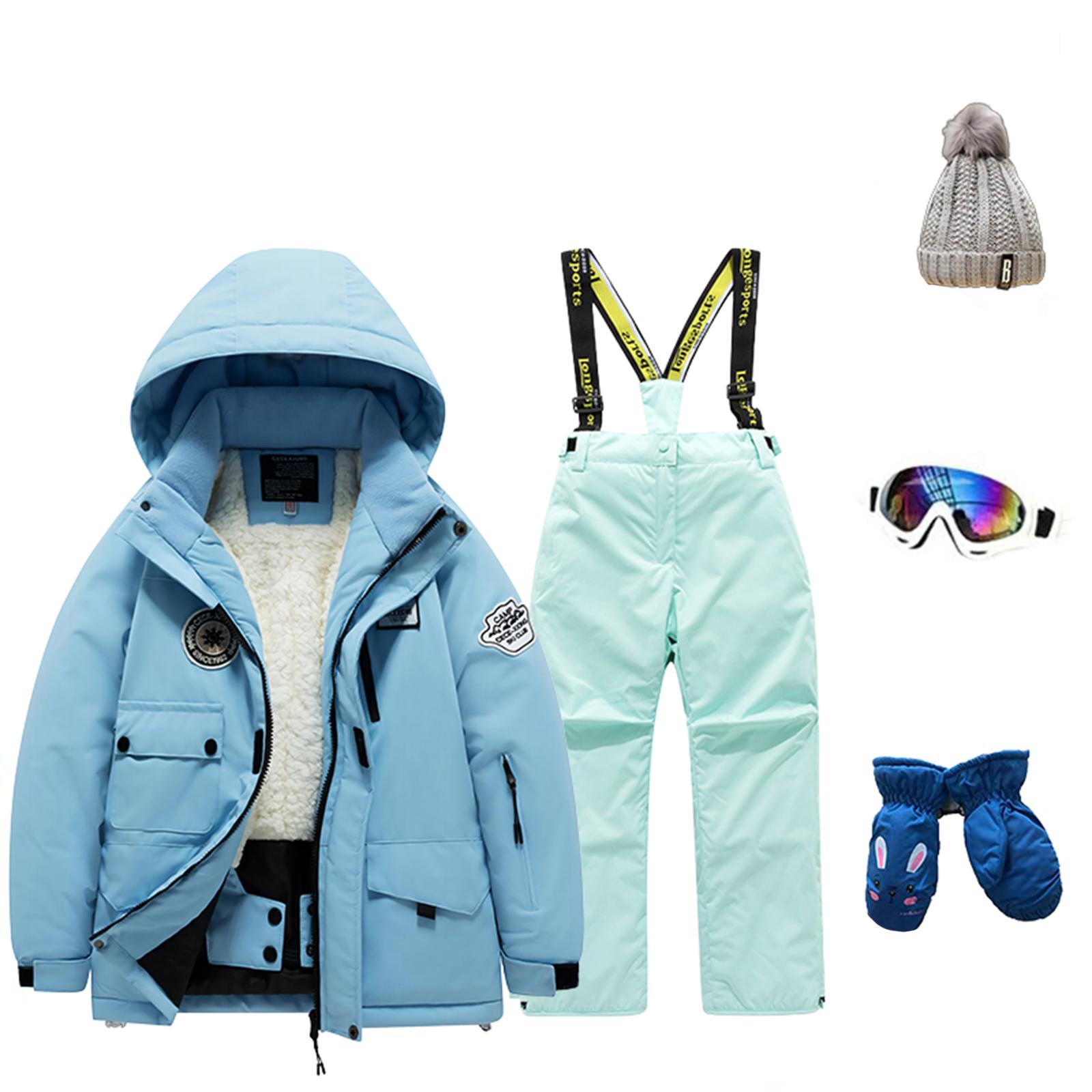 

Детский модный лыжный комплект для мальчиков и девочек, утепленный, водонепроницаемый, термобелье, костюм из пяти предметов с курткой и брюками 10