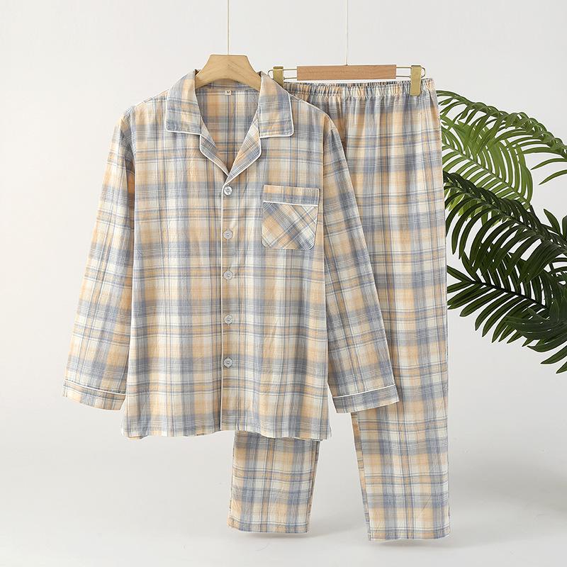 Couple Pajamas Two Piece Set Cotton Long Sleeved Pants Simple Plaid Print Pajamas Women Men Homewear Sleepwear