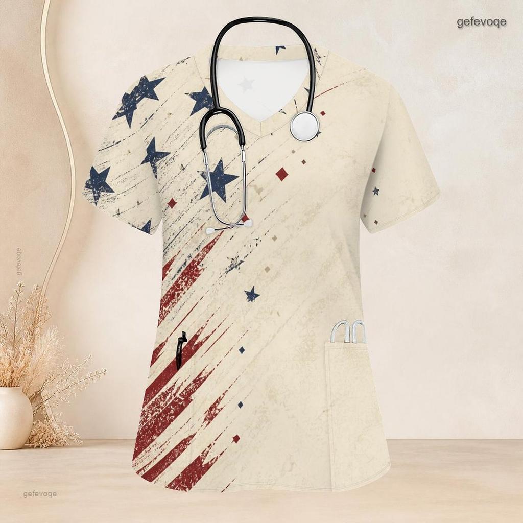 Women Plus Size V Neck Short Sleeve Scrub Top Paint Splash Patriotic Star Print Nurse Uniform Top