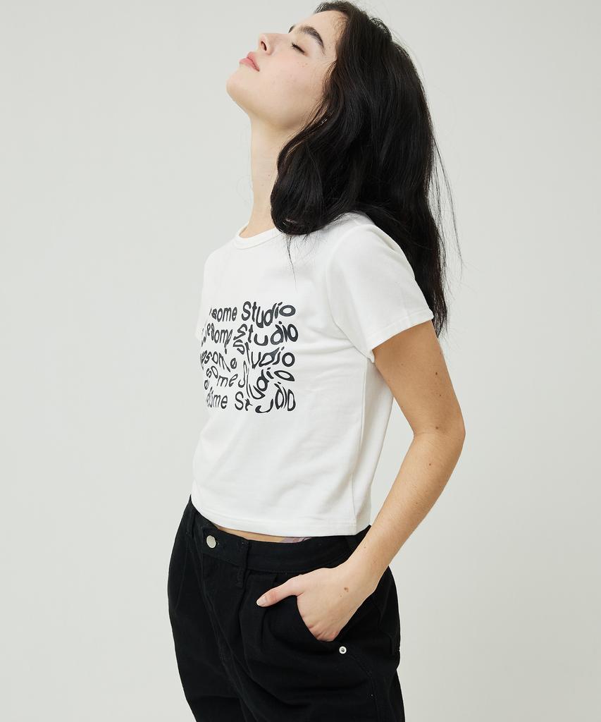 AWESOME STUDIO Wave Lettering Crop Slim Short Sleeve T-Shirt Ivory