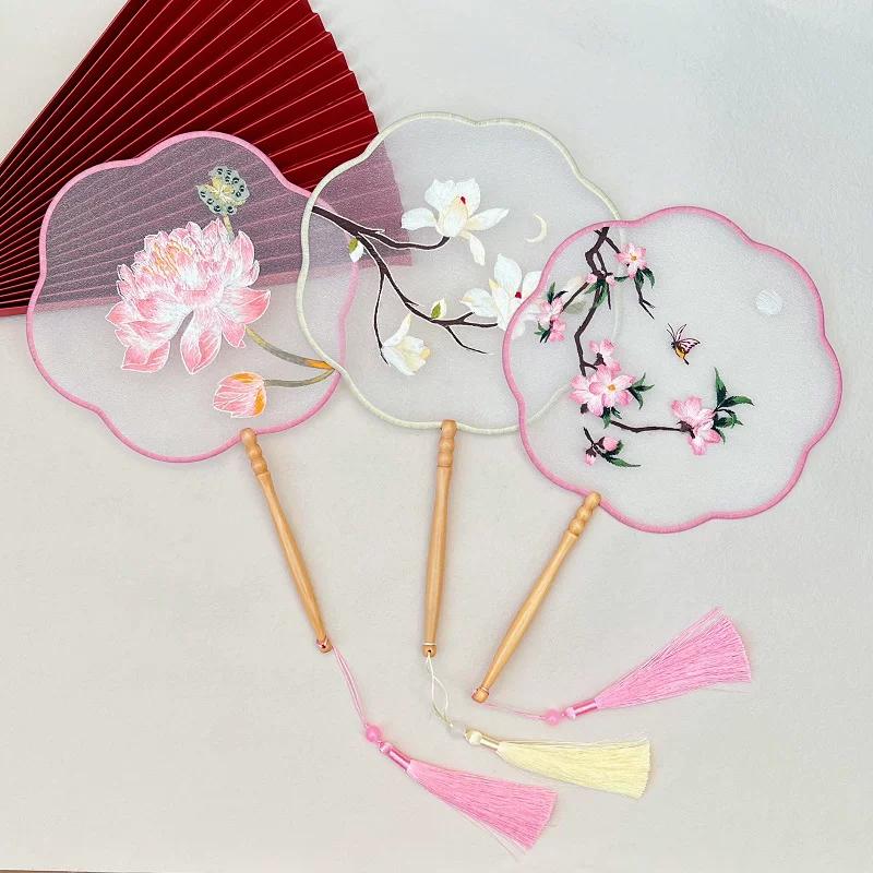 High-End Traditional Style Embroidered Round Fan, Hanfu Qipao Semi-Transparent Ancient Costume Lace-Shaped Embroidery, Classical Style Children's