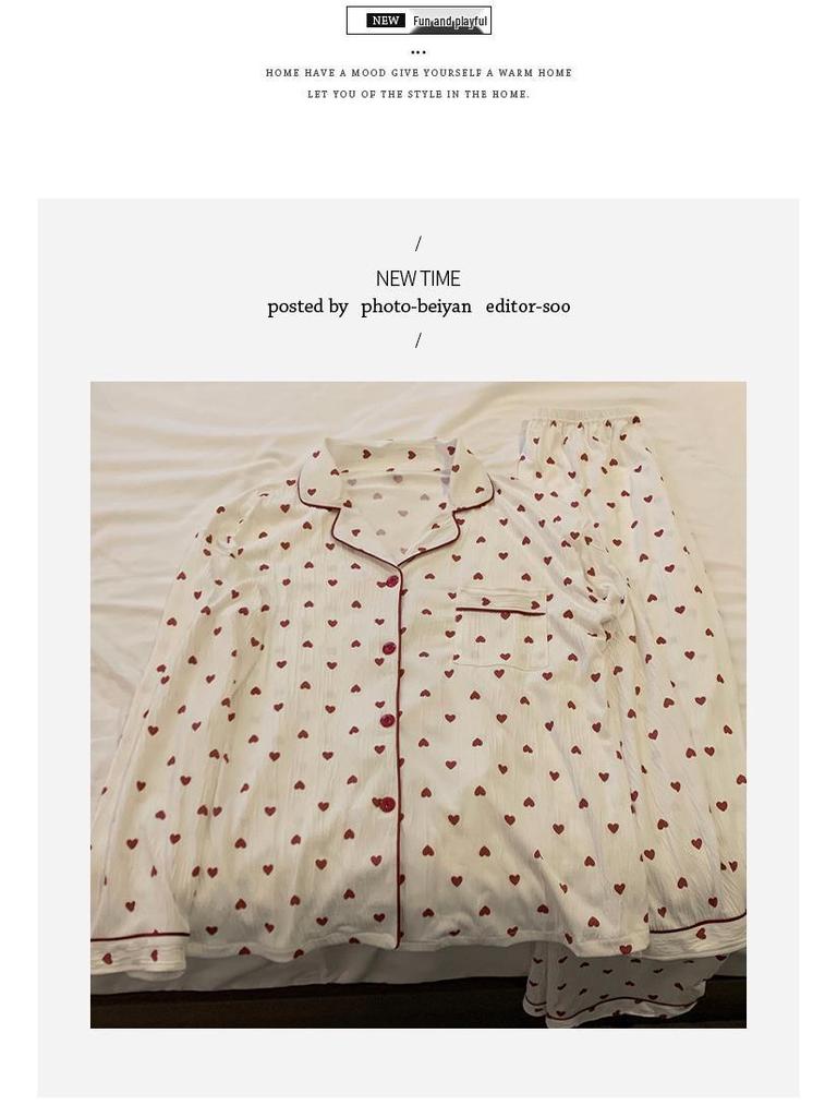 Women's Crinkled Fabric Long-Sleeve Pajama Set – Soft, Fluffy, Heart Design, Wearable Outside.