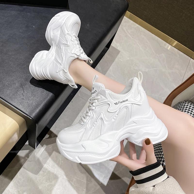 Fashion Women Spring Non-slip Chunky Sneakers Thick Bottom Female Casual Dad Shoe Lace Up 10CM High Platform Vulcanized Shoes Woman