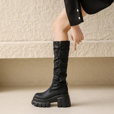 Fashion Women Motorcycle Long Boots Autumn Winter Warm Knee High Boots Leather Booties Ladies Thick Sole Platform Botas Mujer High Heels