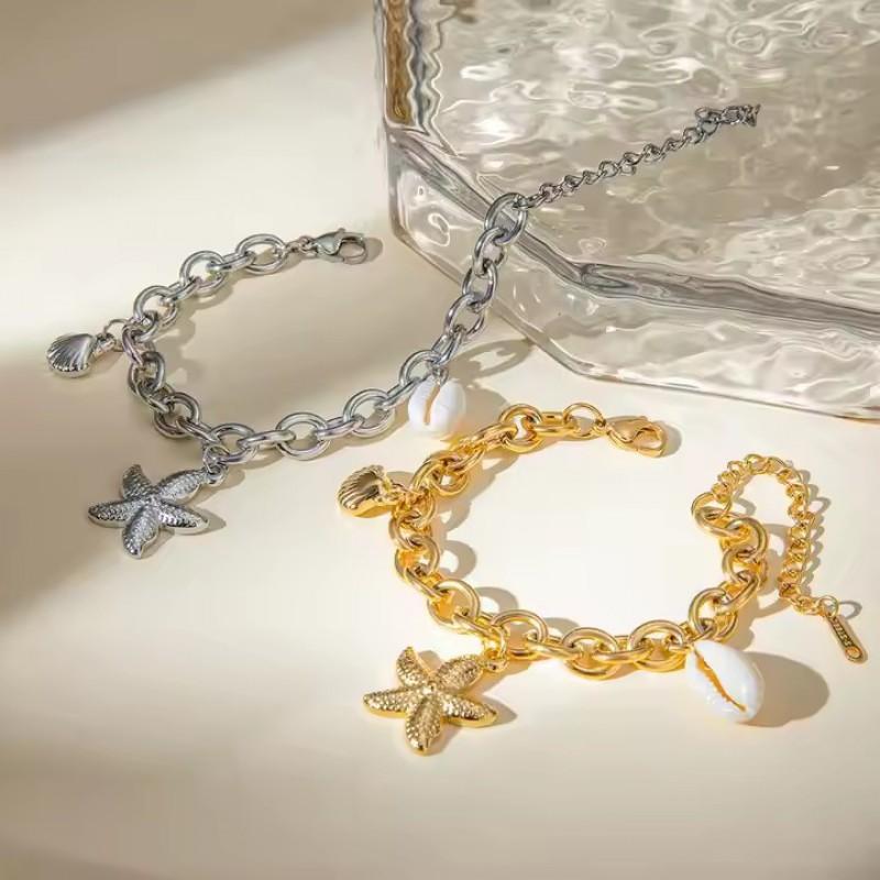Seashell Starfish Pendant Bracelet Women 18K Gold Plated Titanium Steel Minimalist Elegant Jewelry Gift