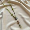 Retro Style Flower Pendant Necklace Hollow Flower Adjustable Length Stone Beaded Choker Green Color Series  Design