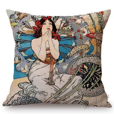 Vintage European Art Nouveau Mucha Gallery Decorative Sofa Pillow Cover Beautiful Beauty Girl Cotton Linen Luxury Cushion Cover